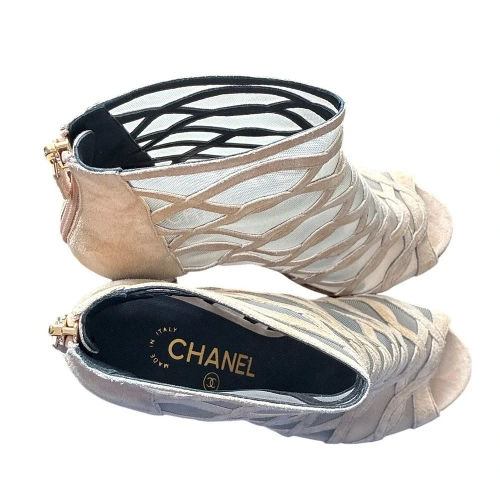Chanel Taupe Suede Cage Booties EU 36 Peep Toe‎ Heels 3.5